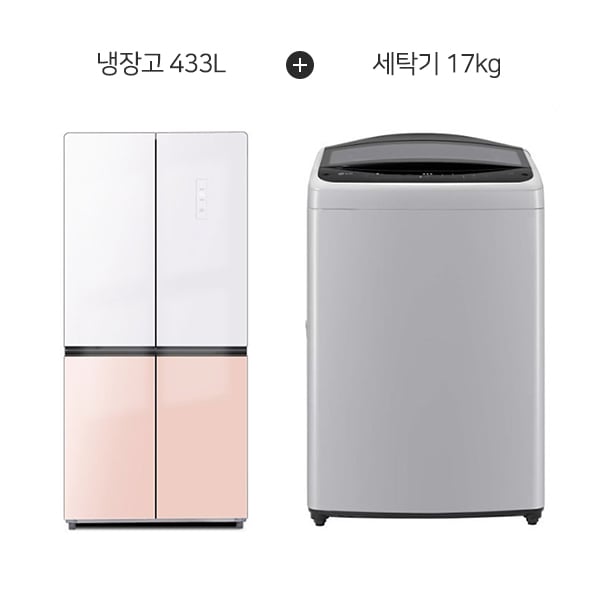 [LG] 통돌이 세탁기 17kg (미드 프리 실버) + 하이얼 글램글라스 4도어 냉장고 433L (글램화이트/피치핑크)